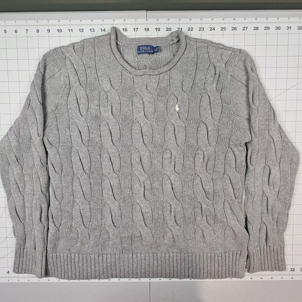 Polo Ralph Lauren Roll Neck Sweater Medium Gray Cable Knit Jumper Collar Preppy